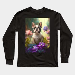 Pied French Bulldog Flower Garden Card Long Sleeve T-Shirt